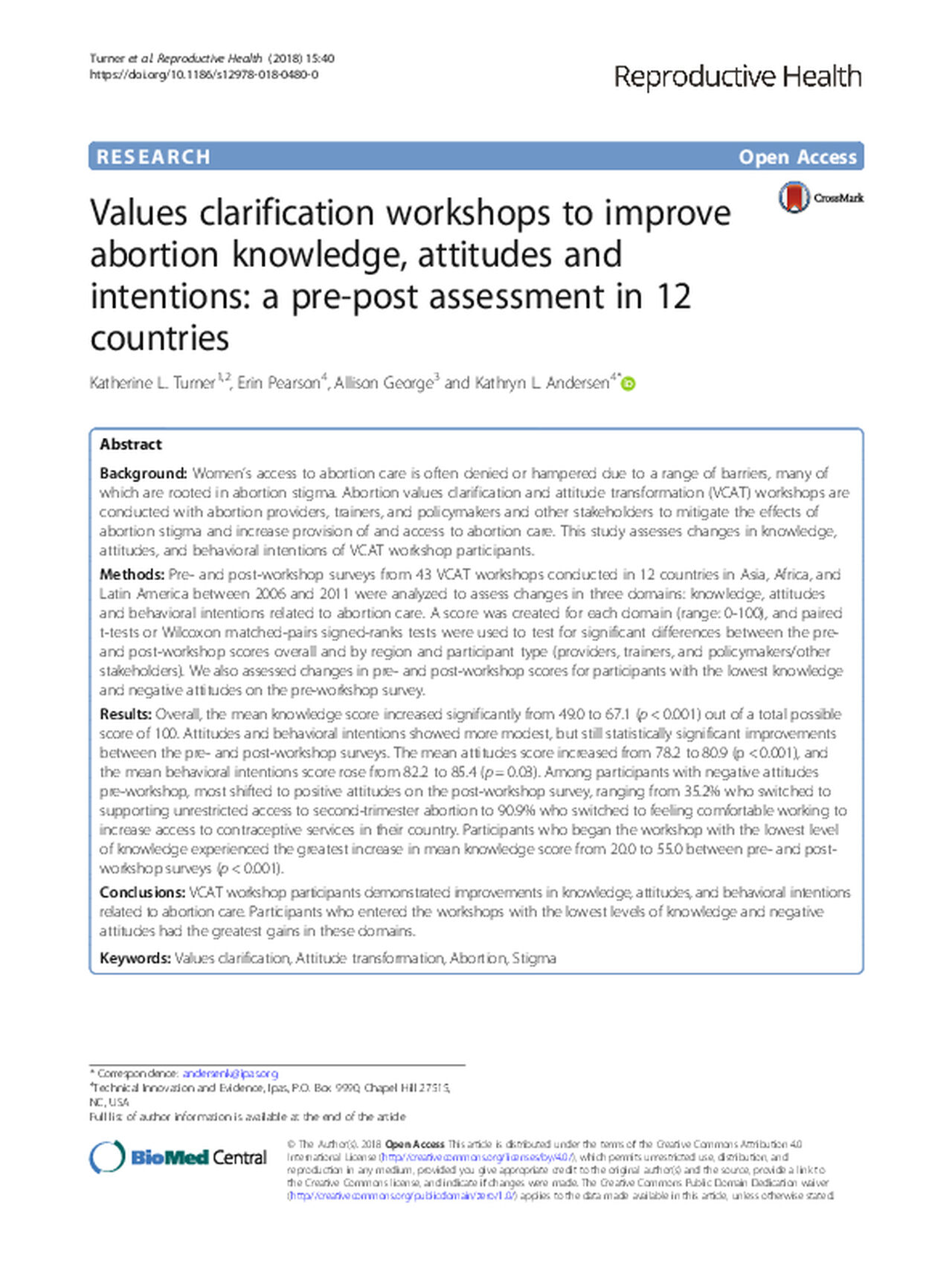 Values Clarification Workshops to Improve Abortion Knowledge, Attitudes and Intentions: A pre-post assessment in 12 countries